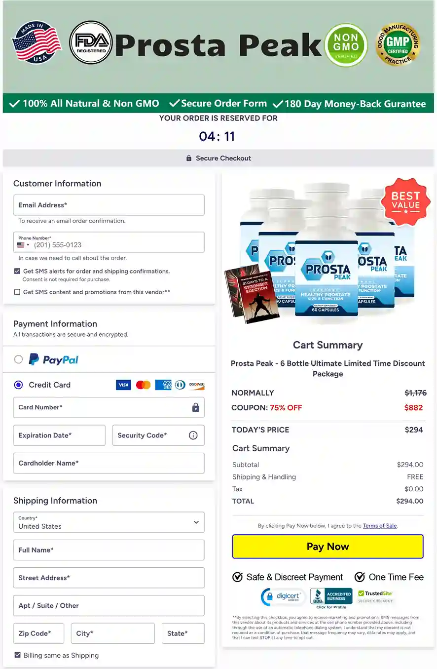 ProstaPeak Order Page — Choose Your Package — Free US Shipping